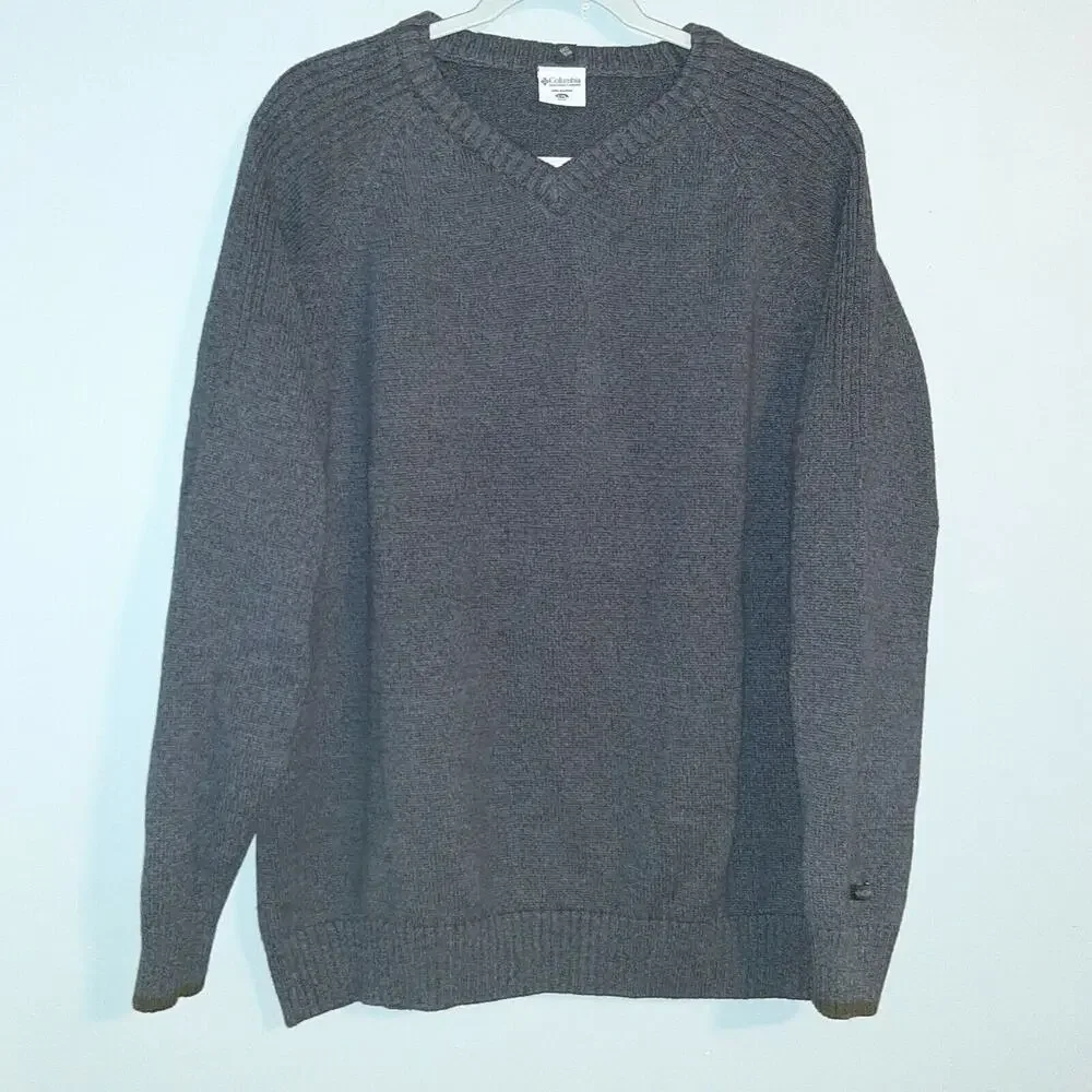 Columbia Mens Rock Gray V Neck 100% Cotton Pullover Sweater XXL Contrasting Cuff